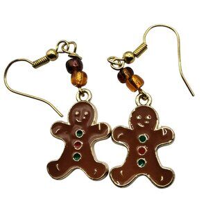 Gingerbread Man Dangle Earrings Enamel Beaded
